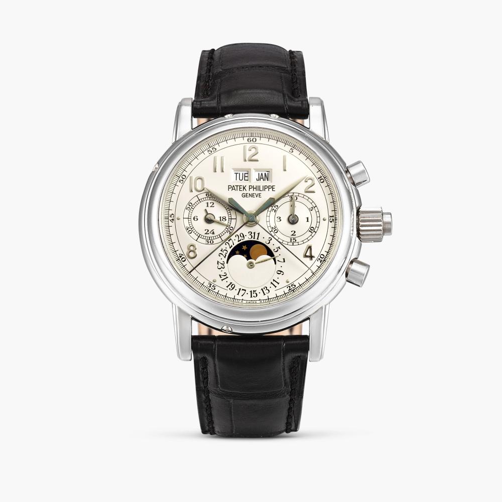 Patek Philippe

Patek Philippe

The Reginald “Pete” Fullerton Jr, Reference 5004

A platinum perpetual calendar split seconds chronograph wristwatch with moon phases, 24 hour and leap year indication, Circa 1995

Dial: silvered

Calibre: cal. CHR 27-70 Q mechanical, 28 jewels

Movement number: 879’535

Case: platinum, screw down sapphire crystal display back

Case number: 2’963’350

Closure: black Patek Philippe alligator strap and platinum buckle

Size: 36 mm diameter

Signed: case, dial and movement

Accessories: Patek Philippe Certificate of Origin, additional case back, setting pin and presentation box

Henry Graves Jr. commissioned Patek Philippe to create what became the world’s most complicated watch, a title it held for 56 years following its delivery in 1933. Conceived during a rivalry with James Ward Packard, the Supercomplication cost CHF 60,000 and required eight years to complete.

Delivered on 19 January 1933, the Patek Philippe Henry Graves Supercomplication is a pocket watch comprising 24 complications, including a celestial chart depicting the night sky above Graves’s Manhattan residence at 834 Fifth Avenue. In 2014, the Supercomplication established a world auction record when it sold at Sotheby’s Geneva for approximately CHF 24 million.

The horological legacy of Henry Graves Jr. was continued by his grandson, Reginald “Pete” Fullerton Jr., an important collector in his own right. His collection included the present Patek Philippe reference 5004, a perpetual calendar split‑seconds chronograph wristwatch, which was sold by Sotheby’s in 2012 as part of the landmark Graves–Fullerton family collection.

Reference 5004 was introduced in 1994 and produced until 2009. It built on the legacy of the perpetual calendar 3970, inheriting the layout while adding a split-seconds chronograph. Powered by the Lemania-based calibre CHR 27-70 Q, the movement was finished to Geneva Seal standards, observable through the sapphire crystal display back. It is estimated that just over 1,000 examples were made, with around 300 in platinum. The present example is very well preserved and retains all original accessories.

Sotheby’s New York, Single Owner Fullerton Collection;14 June 2012, lot 28

百達翡麗 The Reginald “Pete” Fullerton Jr 型號5004

鉑金萬年曆追針計時腕錶，備月相、24小時及閏年顯示，約1995年製

附帶證書、備用錶背蓋、調校筆及盒子

Please note that the movement has not been tested for the accuracy of time and may need a service at the buyer’s expense.

Sotheby’s does not guarantee the future working of the movement and we do not guarantee the authenticity of any individual component parts since subsequent repairs and restoration work may have resulted in the replacement of original parts. You are advised that watch straps or bands made of materials derived from endangered or otherwise protected species (i.e. alligator or crocodile) are not sold with the watch and we reserve the right to remove these straps or bands prior to shipping. Furthermore, the watch may not come with its original manufacturers strap or band.

Prospective bidders should review the Conditions of Business, Authenticity Guarantee, the Guide for Prospective Buyers, and any Important Notice in the sale catalogue.

"In response to your inquiry, we are pleased to provide you with a general report of the condition of the property described above. All dimensions in catalogue descriptions are approximate. Condition reports may not specify mechanical replacements or imperfections to the movement, case, dial, pendulum, separate base(s) or dome. Watches in water-resistant cases have been opened to examine movements but no warranties are made that the watches are currently water-resistant. Please note that we do not guarantee the authenticity of any individual component parts, such as wheels, hands, crowns, crystals, screws, bracelets and leather bands, since subsequent repairs and restoration work may have resulted in the replacement of original parts. Since we are not professional conservators or restorers, we urge you to consult with a restorer or conservator of your choice who will be better able to provide a detailed, professional report. Prospective buyers should inspect each lot to satisfy themselves as to condition and must understand that any statement made by Sotheby’s is merely a subjective, qualified opinion. Prospective buyers should also refer to any Important Notices regarding this sale, which are printed in the Sale Catalogue. In particular, please note it is the purchaser’s responsibility to comply with any applicable import and export matters, particularly in relation to lots incorporating materials from endangered species.NOTWITHSTANDING THIS REPORT OR ANY DISCUSSIONS CONCERNING A LOT, ALL LOTS ARE OFFERED AND SOLD AS IS" IN ACCORDANCE WITH THE CONDITIONS OF BUSINESS PRINTED IN THE SALE CATALOGUE."

**Please be advised that bands made of materials derived from endangered or otherwise protected species (i.e. alligator and crocodile) are not sold with the watches and are for display purposes only. We reserve the right to remove these bands prior to shipping."
