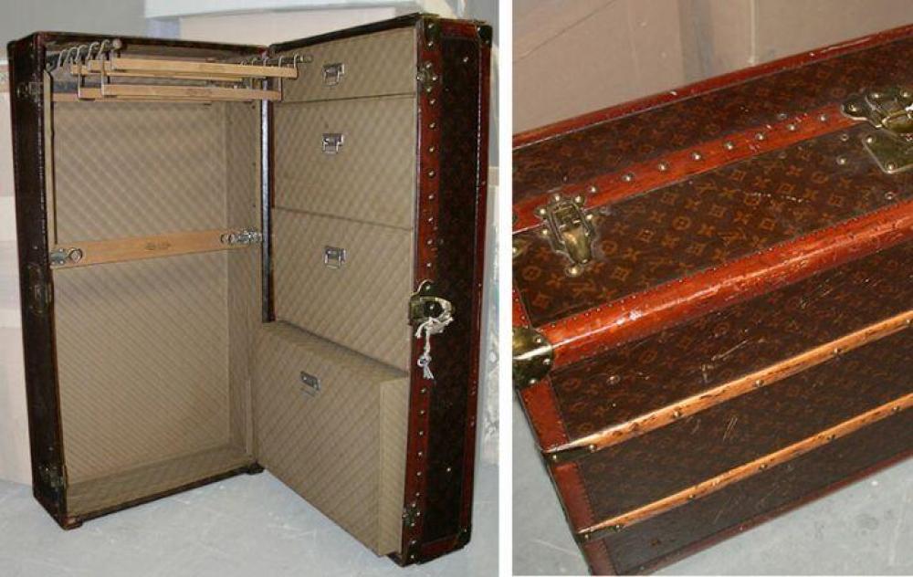 Louis Vuitton Footlocker Trunk

Lot 1003
Louis Vuitton Footlocker Trunk
 Early 20th century 
 Varnished monogrammed LV exterior canvas, interior with drawers and folding hanger rack with six hangers, 39 x 21 x 13 inches, with keys, labeled: Louis Vuitton/Paris/London, stamped 068493. 
Good condition, some wear, handle missing.