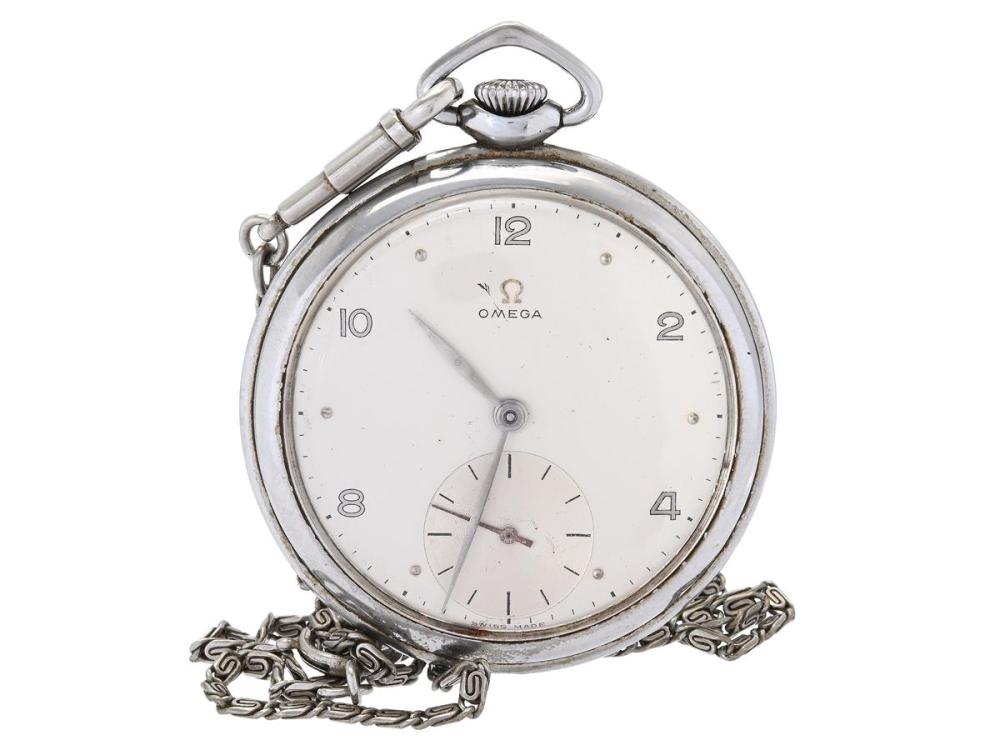 Watches

Omega

OMEGA, pocket watch, 49 mm, Cal 161, Serial no. 13499995, Ref no. CK 1161. Case no. 1161-6, steel, lever escapement, damaged dial, approx. 1952, chain in white metal.