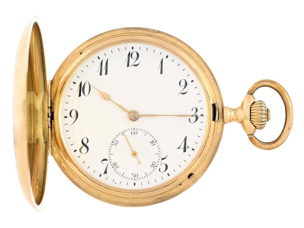 Watches

IWC

IWC, pocket watch, 51 mm, hunter, Cal 56 (H6), Serial no. 589628, Case no. 678128, 18K gold, lever escapement, dial not signed, dents, approx. 1913.