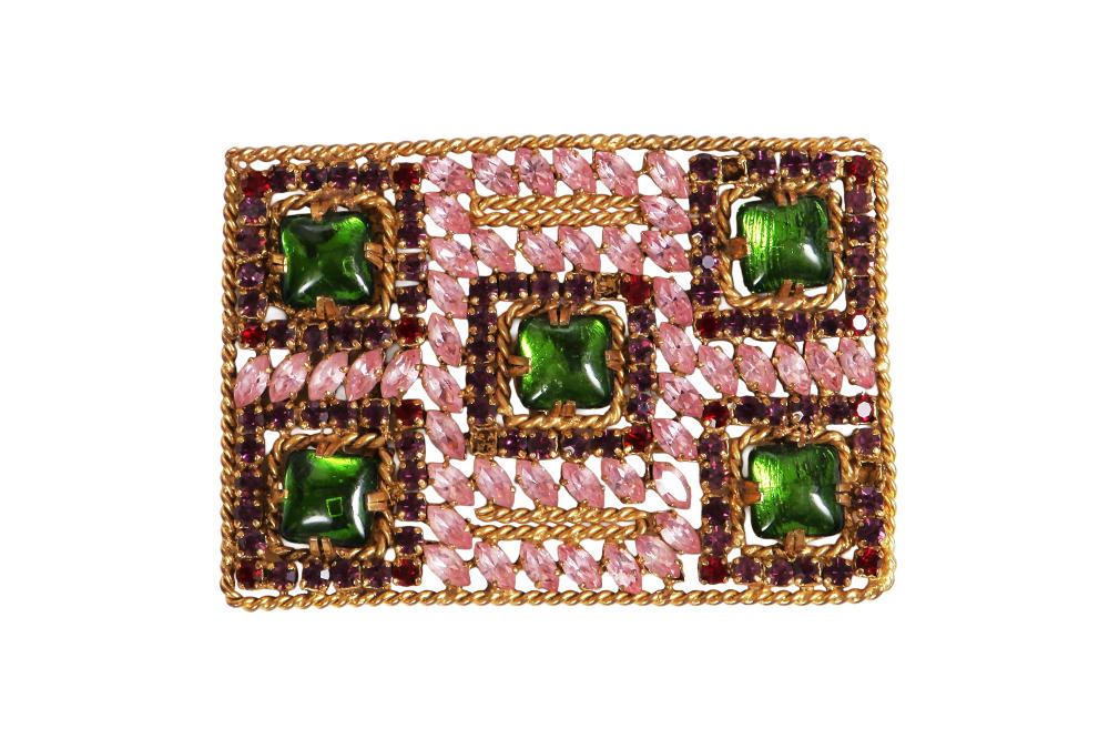 A Madame Grès gilt and pate de verre belt buckle, 1970s

A Madame Grès gilt and pate de verre belt buckle, 1970s

unsigned, formed of twisted gilt wire, mounted with pink and purple rhinestones, and five large green cabochons, width 9cm 3.5in

Provenance: The Property of an American Collector

Share this lot: