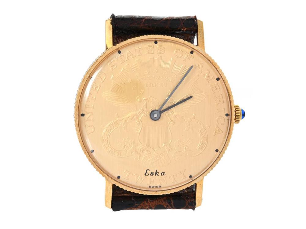 Watches

Miscellaneous watch

ESKA, Coin Watch, men´s wristwatch, 33 mm, Cal Peseux 7011, Case no. 11-214A / 321548, 18K gold, manual winding, plastic crystal, case signed S.Kocher, leather strap, approx. 1975, case (Krons Ur).