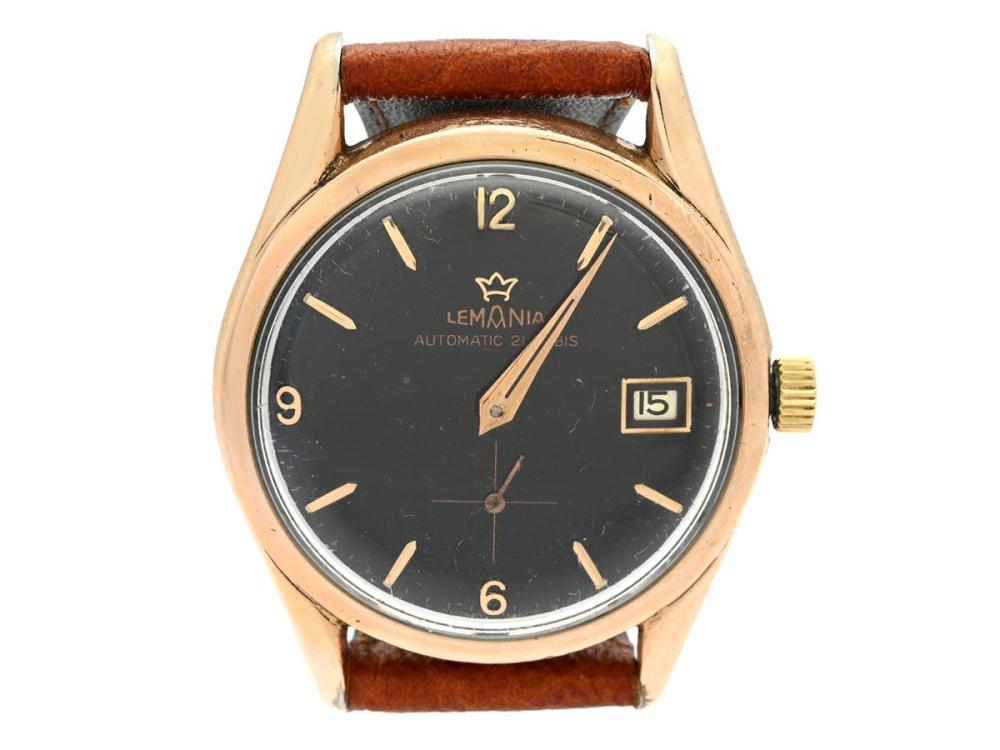 Watches

Lemania

LEMANIA, men´s wristwatch, 35,5 mm, "T Swiss Made T", Cal 3615, Serial nr.1464082, Case no. 864-2, pink gold on steel, self winding, plastic crystal, date, small seconds hand, restored/damaged dial, leather strap, approx. 1963.