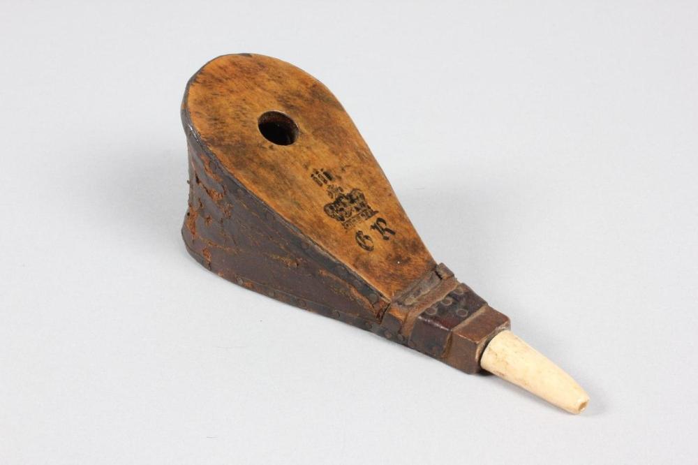 

A rare pair of wig bellows bearing the cypher of King George III, circa 1775, of mahogany with leather sides and ivory tip, painted in gold with a kingly crown and GR III, 16cm, 6 1/4in long



Provenance: from a descendant of the House of Bourbon.



Please note there are export restrictions on this lot outside the EU.
