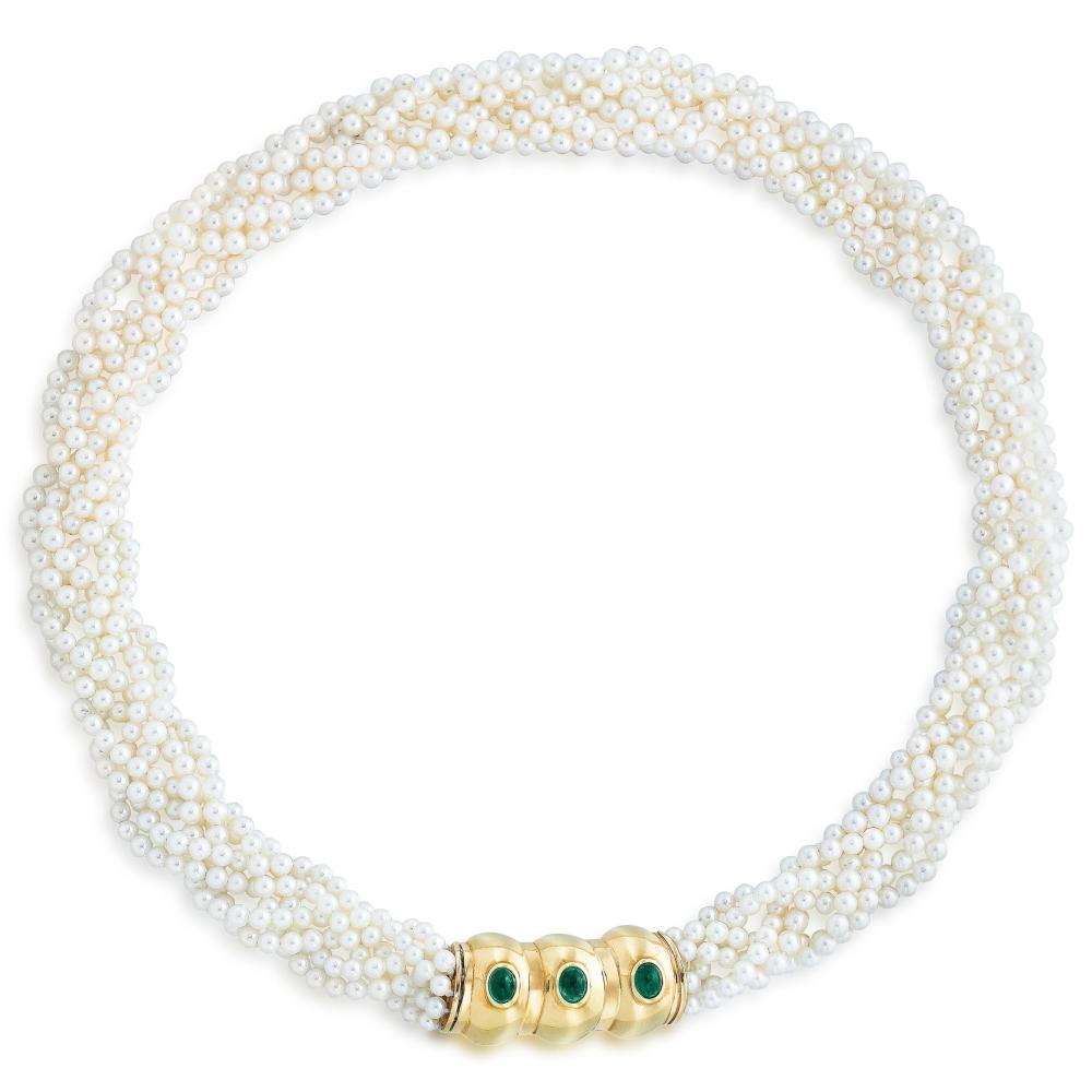 Mellerio dits Meller

Composed of six rows of cultured pearls, the gold clasp set with emerald cabochons.