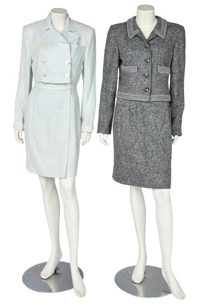 Two Valentino Garavani suits, late 1990s

Two Valentino Garavani suits, late 1990s

the first of a grey wool-silk blend tweed, the jacket collar, pockets and hem trimmed with metal chainmail and grey braid, Boutique label, size 8, bust 97cm 38in; with a matching pencil skirt, Boutique label, size 8, waist 66cm 26in; the second of baby blue silk-blend tweed, the double-breasted bodice with mother of pearl buttons, Valentino Night label, bust 86cm 34in; the matching cropped jacket lined in blue silk, Valentino Night label, bust 86cm 34in (4)

Share this lot:
