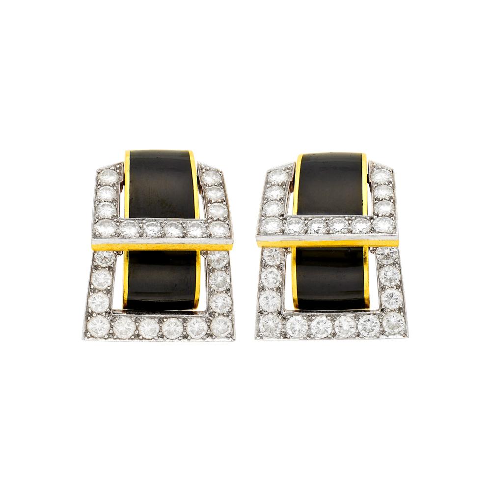Property of a Distinguished Lady from Athens, Greece18 kt., 48 round diamonds ap. 6.00 cts., signed Webb, ap. 26.5 dwts.

Diamonds: G-H-I-VS.Diamond links flexibly-set.Clip-backs. 1 1/4 x 15/16 inches.                            
Any condition statement is given as a courtesy to a client, is an opinion and should not be treated as a statement of fact and our Organization shall have no responsibility for any error or omission. Please contact the specialist department to request further information or additional images that may be available.