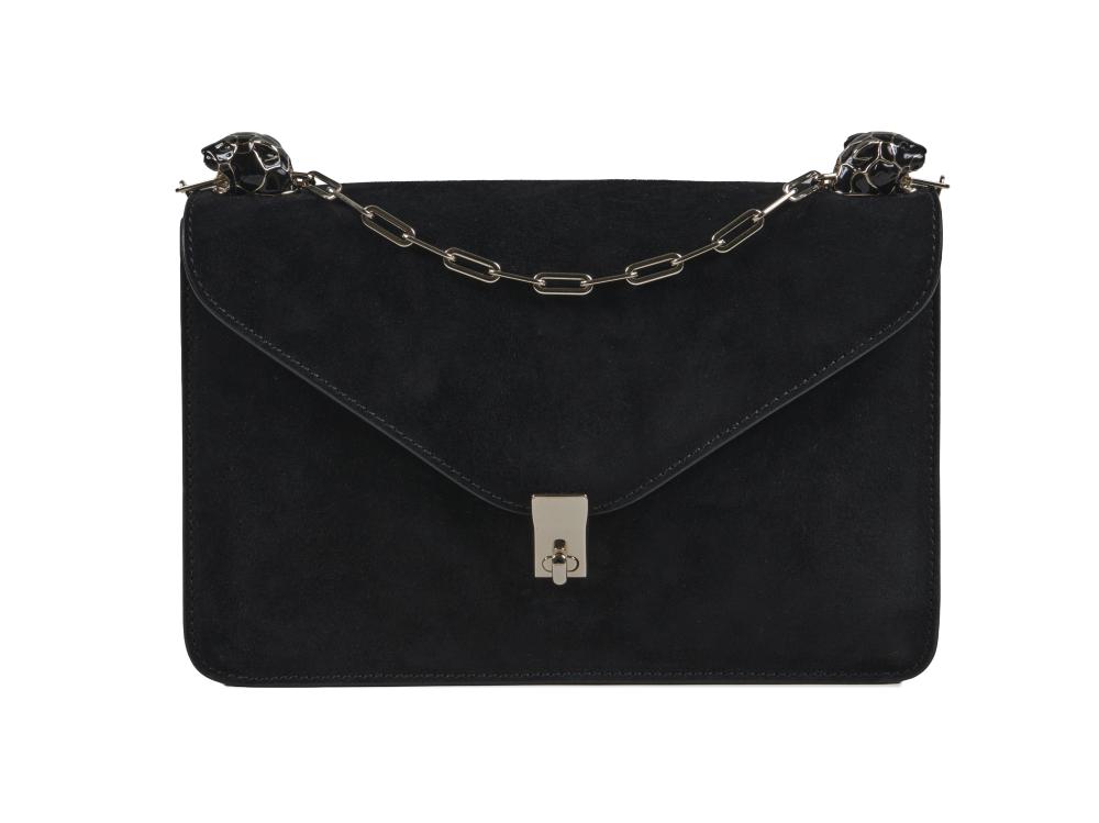VALENTINO Sac à main panthère

Daim noir

Doublure en agneau noir

Anse tenue par deux têtes de panthère

Garniture en métal doré

Largeur : 29 cm

Hauteur : 19 cm

Profondeur : 9 cm

État neuf