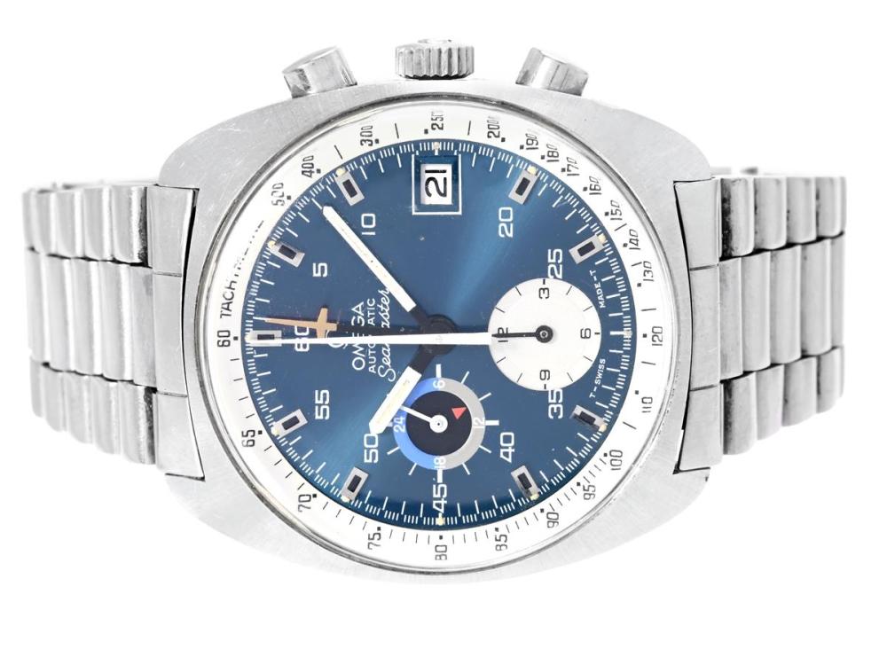 Watches

Omega

OMEGA, Seamaster (T- Swiss Made -T), "Tachymetre", Cal 1040, Serial no. 34680894, Ref no. ST 176.007, Case no. 176.007, chronograph, men´s wristwatch, 38,5 mm, steel, self winding, plastic crystal, date, 24-hour indicator, leather strap, original bracelet, folding clasp, Ref no. 1170/653, approx. 1972.