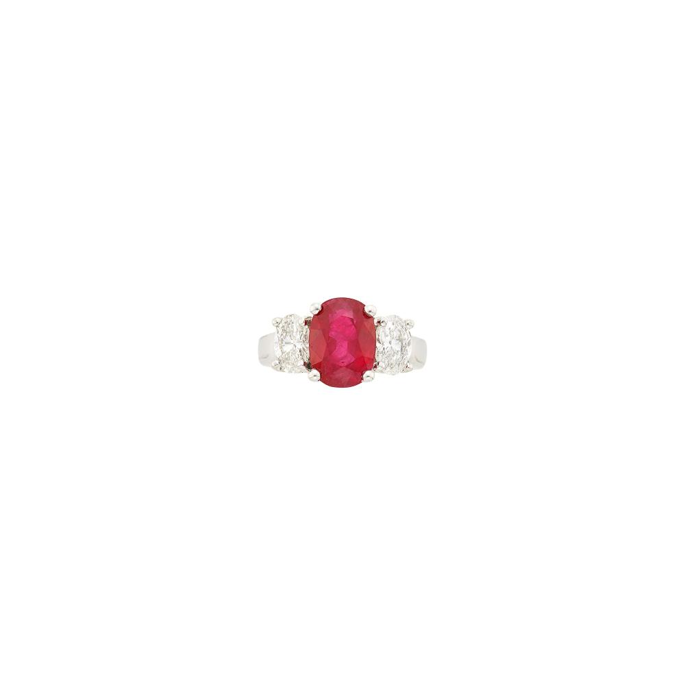 Property of a Prominent CollectorOne oval ruby weighing 3.39 cts., 2 oval diamonds ap. 1.00 ct., ap. 4 dwts. Size 4.
 
With AGL report no. 1154127 stating Burma (Myanmar) origin, with gemological evidence of heat enhancement.

Tests as 14 kt.Ruby: vivid red, good color concentration, moderately included, lively.Diamonds: I-J-VS.                            
Any condition statement is given as a courtesy to a client, is an opinion and should not be treated as a statement of fact and our Organization shall have no responsibility for any error or omission. Please contact the specialist department to request further information or additional images that may be available.