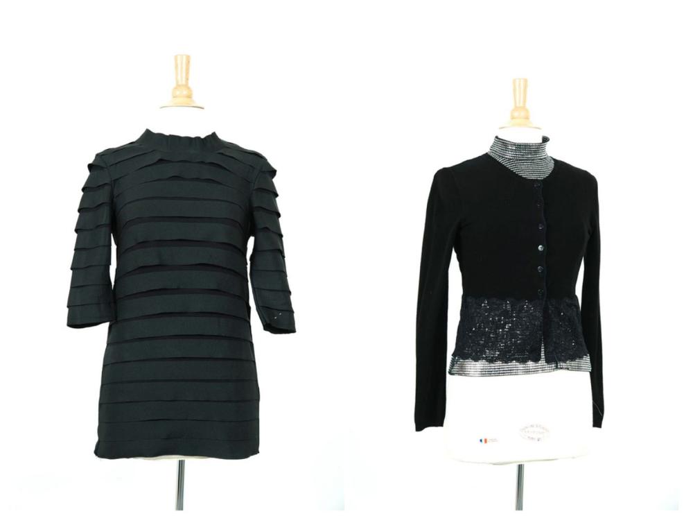 LANVIN hiver 2008, BLUE MARINE, Anonyme

Lot composé d’une tunique en jersey polyester noir recouvert de rubans de gros grain, encolure décollée, manches 3/4 d’un cardigan en jesey viscose et dentelle noir et un haut d’inspiration paco rabanne