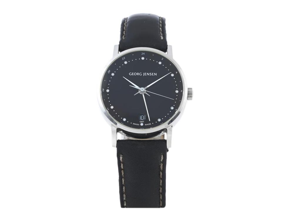 Watches

Georg Jensen

GEORG JENSEN, GMT, designed by Henning Koppel, ladies´ wristwatch, 32 mm, Serial no. 001582, Case no. 429, steel, quartz, sapphire crystal, date, 2 time zones, leather strap, original buckle, approx. 2020, box, paper box.