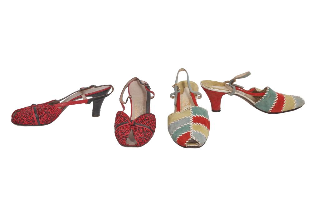 Two Pairs of Ferragamo shoes, 1949-50

Two Pairs of Ferragamo shoes, 1949-50

with stamped gilt trademark to insoles, both with peep-toes and slingbacks, one pair of panelled multicoloured suede with leather thong over-stitching; the other of red and black flecked woven raffia with leather thong trim, length 24cm 9.5in (4)

Share this lot: