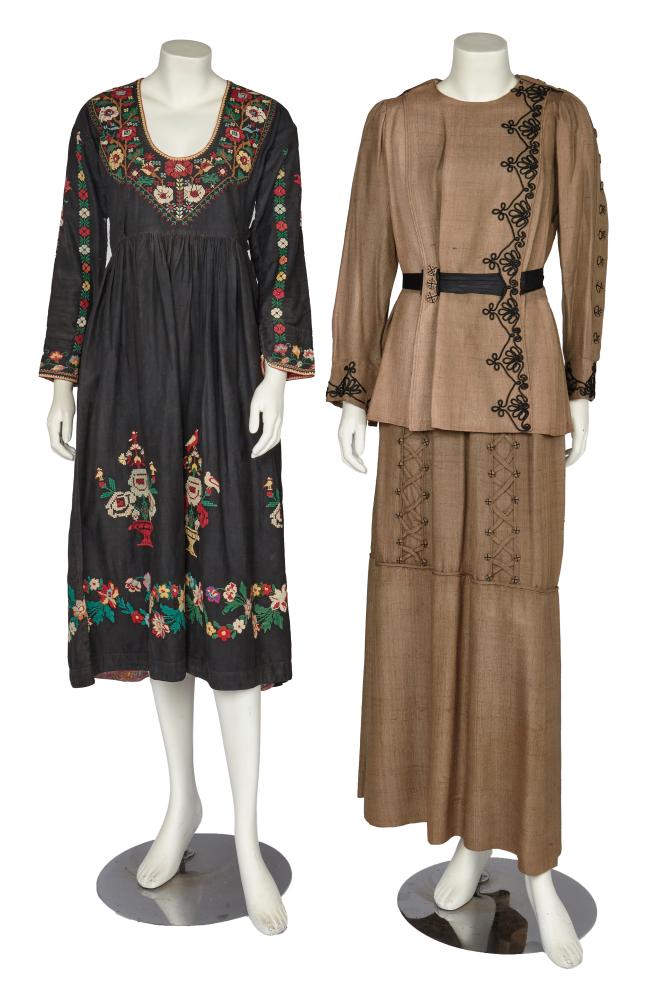 A George Henry Lee & Co. brown raw silk day ensemble, circa 1914

A George Henry Lee & Co. brown raw silk day ensemble, circa 1914

labelled, the twill-silk top with Russian-inspired side fastening, embroidered buttons, black satin soutache trimmings and satin waistband, bust approx 92cm 36in; the skirt with criss-cross bands and button adornments, waist 66cm 26in; together with a cross-stitch embroidered black cotton dress, probably Swiss 1910 - 20, bust 86cm 34in (3)

Share this lot: