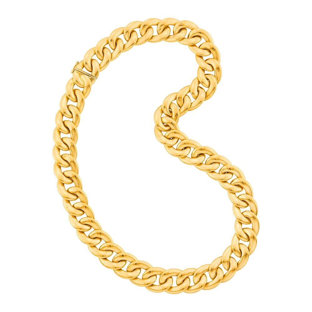 Property from a Prominent Maryland Collection14 kt. gold, oval curb links, ap. 101.3 dwts. Length 24 inches.

Link width 13/16 inch.                            
Any condition statement is given as a courtesy to a client, is an opinion and should not be treated as a statement of fact and our Organization shall have no responsibility for any error or omission. Please contact the specialist department to request further information or additional images that may be available.