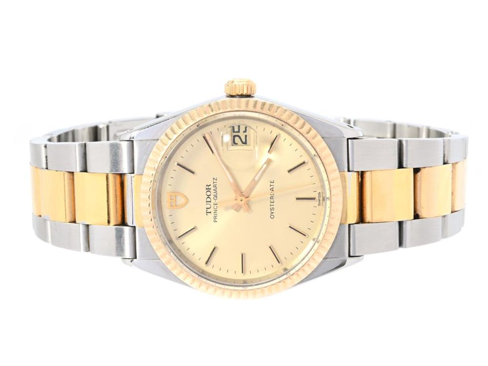 Watches

Tudor

TUDOR, Prince-Quartz, Oysterdate (Swiss), Serial no. 56966, Ref no. 91513, Case no. 9150, men´s wristwatch, 34 mm, steel/gold, quartz, plastic crystal, date, replaced hands (Luminova), damaged dial, original bracelet (bicolour), folding clasp (1993), Ref no. 78370-R5, approx. 1985.