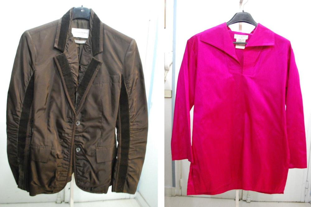 Yves SAINT LAURENT rive gauche par Tom Ford, Yves SAINT LAURENT variation

Lot composé d’une veste en soie marron et velours de soie à la couleur, col châle cranté, simple boutonnage à deux boutons, nervures soulignées de gros grain marron, deux poches horizontales à rabats, manches longues; nous y joignons une blouse en soie sauvage fuchsia, col châle, fentes de côtés, manches longues