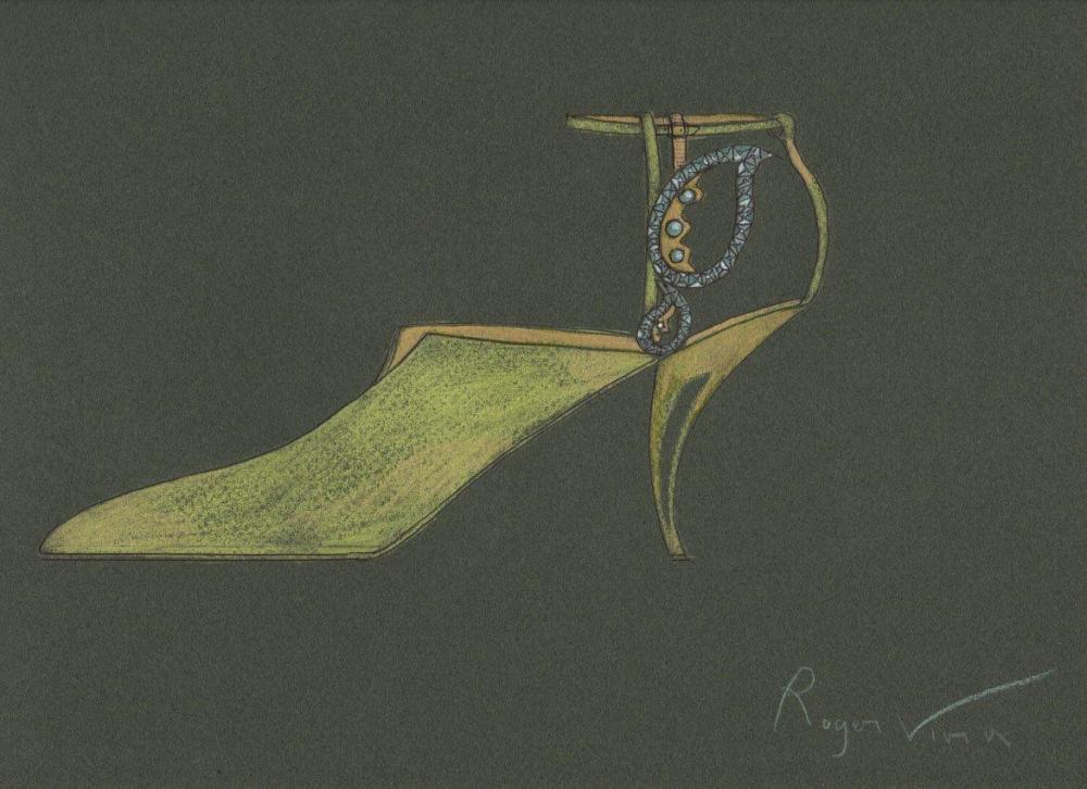 Roger VIVIER (1907-1998), circa 1963 / 1970

Projet d’escarpin ouvert du soir, bout pointu, bride cheville ornée d’un bijou, talon virgule aquarellé sur papier canson vert. Signé en bas à droite
