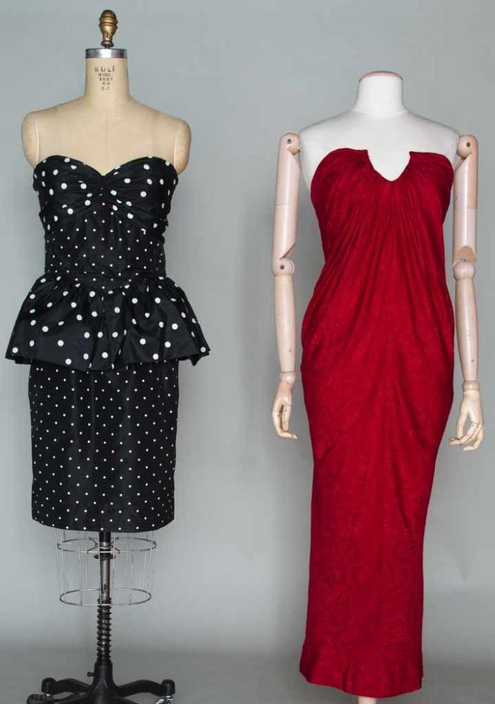 TWO DESIGNERS’ SILK GOWNS, 1970s-1990

Both labeled & strapless: 1 "Carolyne Roehm" red on red paisley brocade sheath, B 32", W 26", L 47"; 1 "Nina Ricci" black w/ white polka dot cocktail dress, added waist flounce in larger dot pattern,