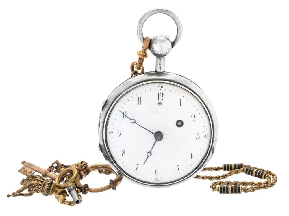 Watches

Pocket watches

POCKET WATCH, 50 mm, silver, verge escapement, key wind, quarter repeater, defect (not working, needs overhaul), approx. 1820, pocket watch chain in yellow metal.