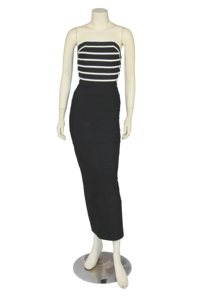 An Hervé Léger black and white jersey bandage dress, 2000s

An Hervé Léger black and white jersey bandage dress, 2000s

labelled, size L, the strapless boned bodice constructed from layers of black and white viscose-lycra blend, the maxi-length skirt formed of joined ’bandage’ segments, with kick slit to rear, waist 66cm 26in

Share this lot:
