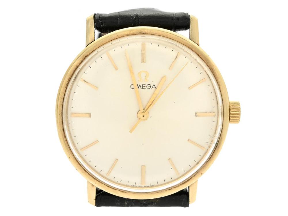 Watches

Omega

OMEGA, men´s wristwatch, 33 mm, Cal 601, Serial no. 23286885, Ref no. BD 131.0026, Case no. 131.026, 14K gold, manual winding, plastic crystal, engraving, leather strap, approx. 1966.