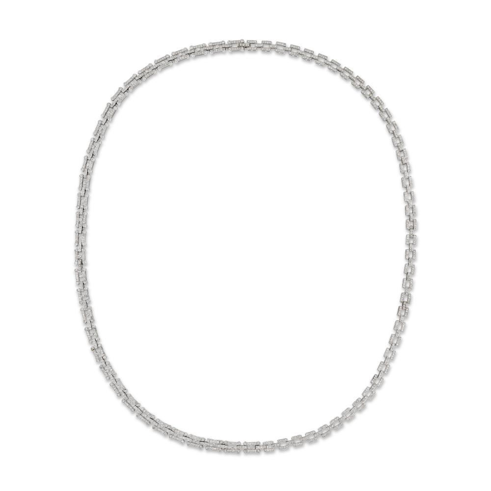 DIAMOND NECKLACE

Round diamonds, 14k white gold, detachable in four individual parts for a variety of wear 
Diamonds: for an approximate total weight of 9.00 - 11.00 carats 
Size/Dimensions: necklace 72.0 cm long; as bracelets 19.2, 18.0, 17.5 and 17.5 cm long 
Gross weight: 63.2 grams