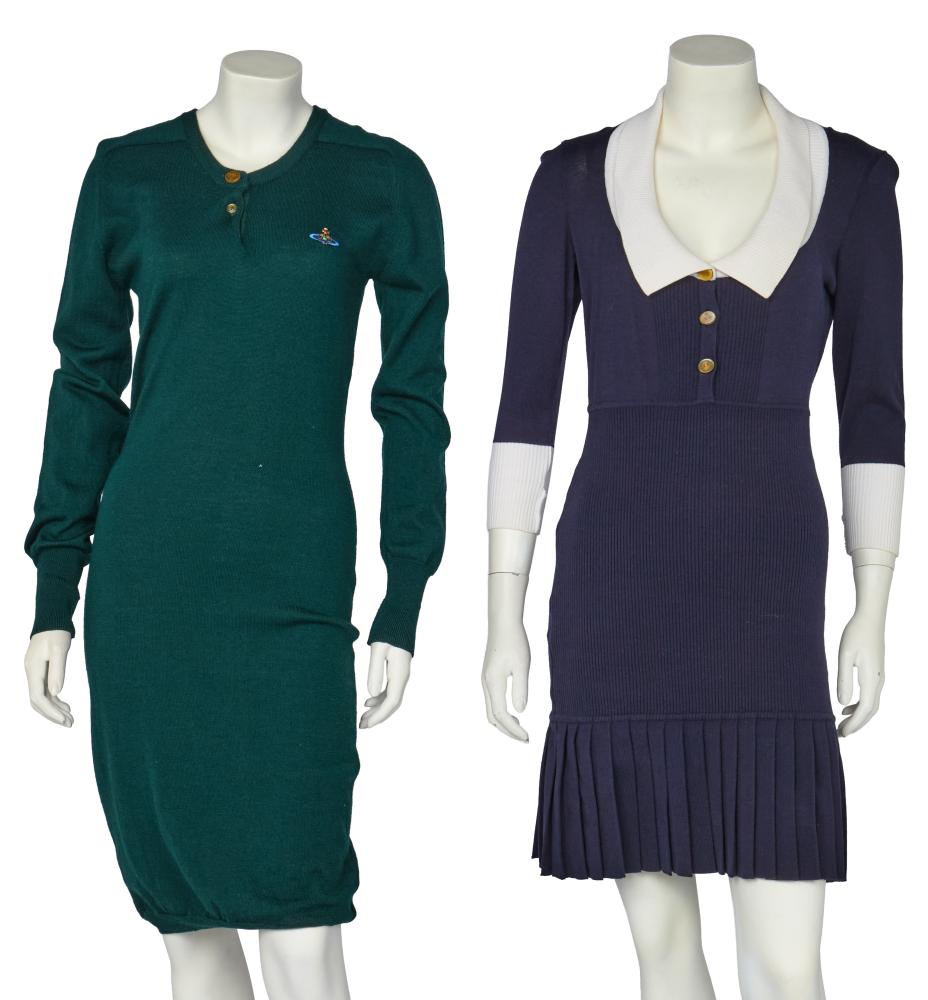 Two Vivienne Westwood knitted dresses, mid 1990s

Two Vivienne Westwood knitted dresses, mid 1990s

gold on ivory woven labels, the first of navy blue fine and ribbed knit with white collar, orb incised resin buttons, pleats to hem, bust 81cm 32in; the other a simple bottle-green sweater-dress with single button to neckline, embroidered orb, bust 86cm 34in (2)

Share this lot: