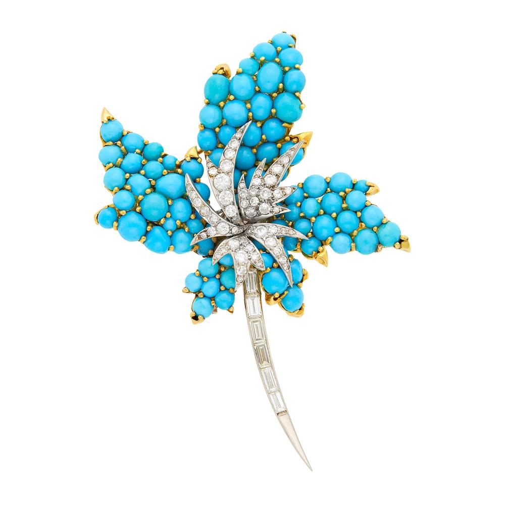 Property from a Prominent Maryland CollectionRound and oval cabochon turquoise, 54 round and single-cut and 6 baguette diamonds ap. 2.00 cts., signed Chaumet, ap. 17.5 dwts.

Turquoise: medium deep turquoise blue, good luster.Diamonds: G-H-I-VS.Minor solder repair on reverse.3 x 2 3/8 inches.                            
Any condition statement is given as a courtesy to a client, is an opinion and should not be treated as a statement of fact and our Organization shall have no responsibility for any error or omission. Please contact the specialist department to request further information or additional images that may be available.
