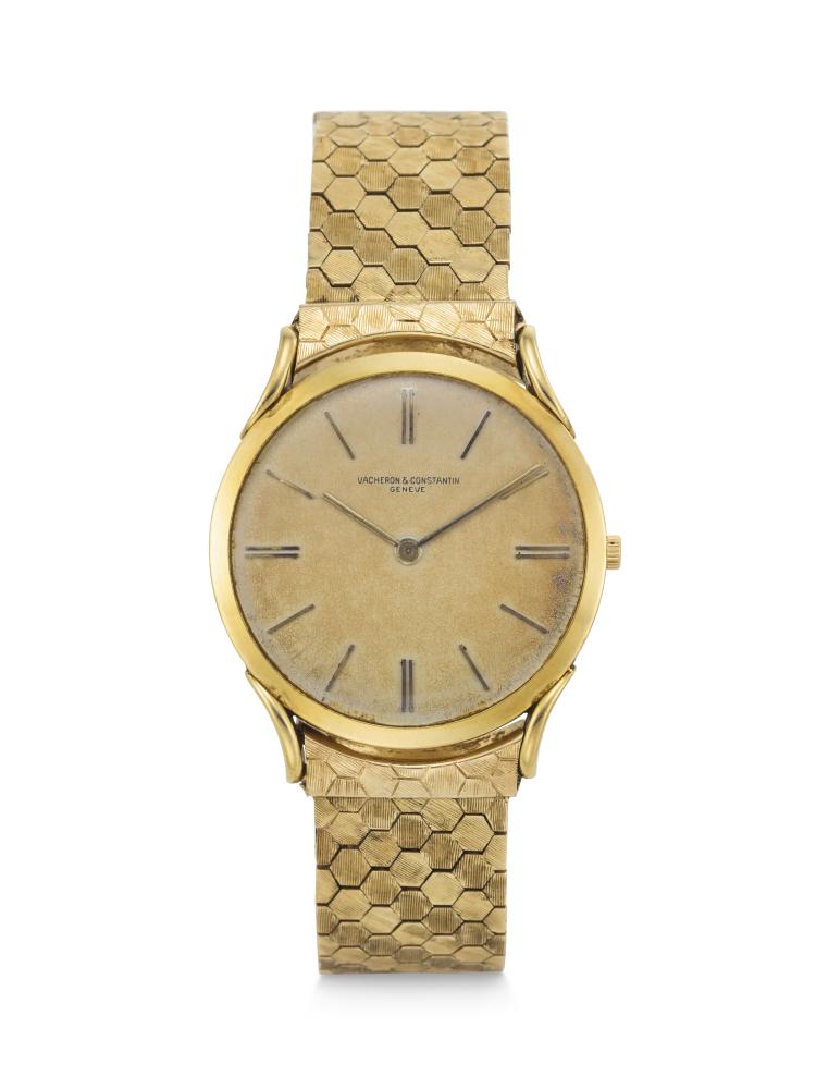 VACHERON CONSTANTIN, RARE AND ULTRA THIN 18K GOLD WRISTWATCH WITH 14K GOLD BRACELET, REF. 4961

CIRCA: 1950s 
MOVEMENT NO: 525’114 
CASE NO: 348’589 
CASE MATERIAL: 18k gold 
CASE DIAMETER: 31 mm. 
BRACELET SIZE: Approx. 195 mm. overall length 
BRACELET: 14k gold Zelman & Friedman (Z&F) bracelet and clasp (approx. 36.27 grams) 
DIAL: Champagne-color 
MOVEMENT: Manual, stamped ’VXN’ 
BOX: No 
PAPERS: No 
REMARK: From the family of the original owner