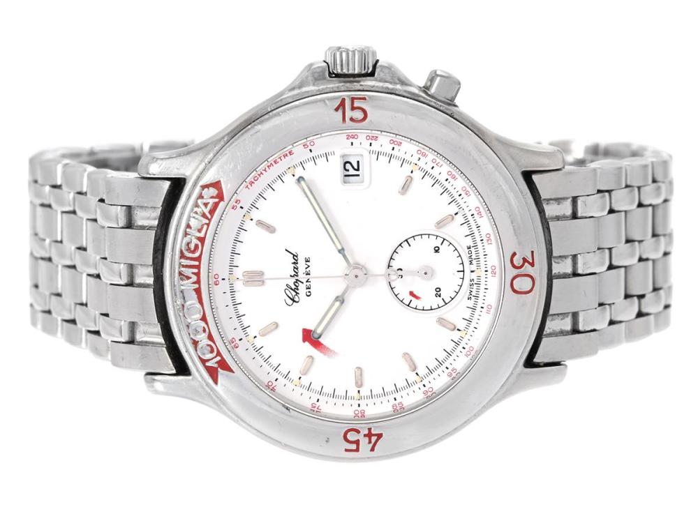 Watches

Chopard

CHOPARD, Genève, 1000 Miglia, "Tachymetre", Serial no. 309062, Ref no. 8141, Case no. 15/8153, single button chronograph, men´s wristwatch, 33,5 mm, steel, quartz, sapphire crystal (notches), date, damaged dial, original bracelet, folding clasp, length 177 mm, approx. 1990, service case.