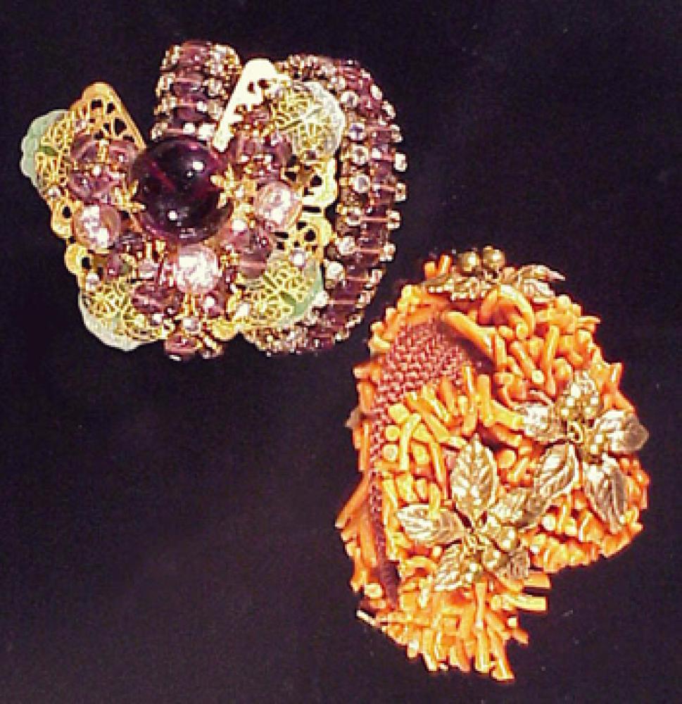 Two Miriam Haskell Bracelets

Lot 243
Two Miriam Haskell Bracelets
 Each coiled, the first of coral branch pieces accented with gilt-metal leaf clusters, the other with purple stones and large central cluster flower with purple and green stones, pearls, set in gilt-metal filigree, unmarked.