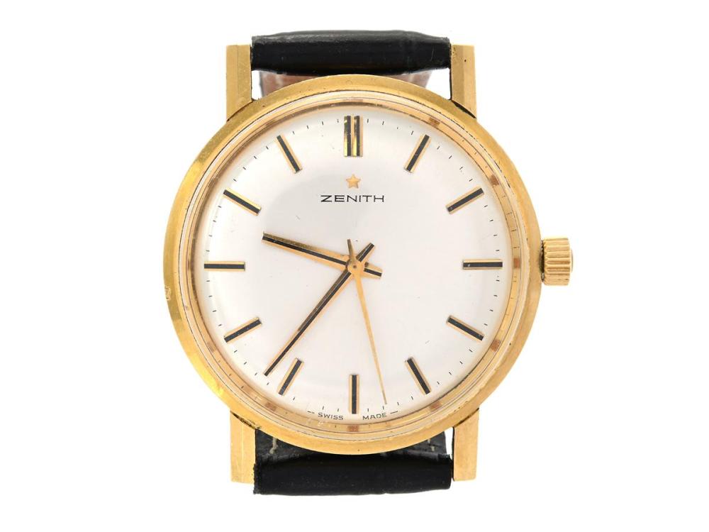 Watches

Zenith

ZENITH, men´s wristwatch, 34 mm, Cal 2562, Case no. 30 0141 125 / NA 6761-1, 18K gold, manual winding, plastic crystal, leather strap, approx. 1970.