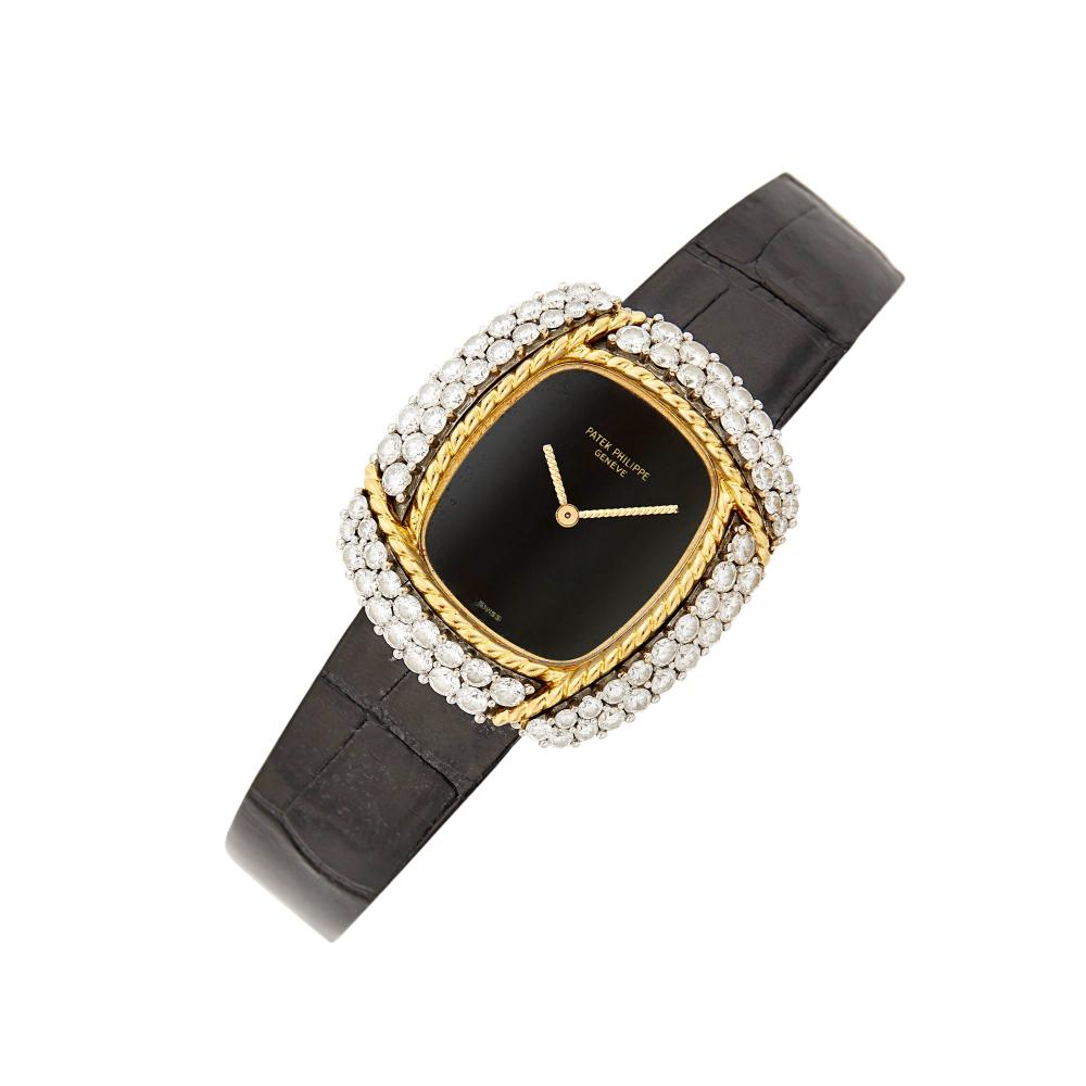 Property of a Distinguished Lady from Athens, Greece18 kt., mechanical, cushion-shaped numberless black onyx dial, fluted gold hands, twisted wire bezel, 72 round diamonds ap. 2.85 cts., sapphire crystal, logo crown, case diameter ap. 31.7 x 28 mm., black crocodile strap with gold buckle, dial, movement, case and buckle signed Patek Philippe, movement no. 1272475, case no. 2758714.

The movement is currently running, but not guaranteed to be in working order. 18J. 5 Pos. Cal. 16-250.Diamonds: G-H-I-VS.Case diameter 1 3/8 x 1 1/8 inches.                            
Any condition statement is given as a courtesy to a client, is an opinion and should not be treated as a statement of fact and our Organization shall have no responsibility for any error or omission. Please contact the specialist department to request further information or additional images that may be available.