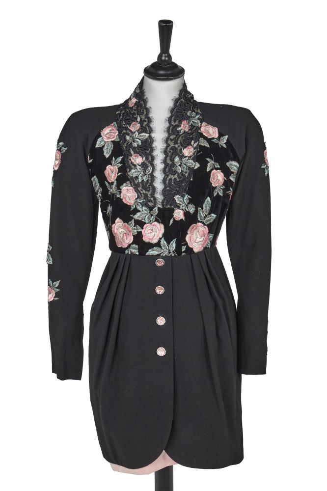 An Emanuel Ungaro haute couture rose embroidered cocktail dress, 1991

An Emanuel Ungaro haute couture rose embroidered cocktail dress, 1991

labelled and numbered 2829-10-91, of black moss crêpe, the velvet bodice embroidered in shades of pink and green with roses, black lace collar, gently pleated black crêpe overskirt with four floret buttons, pink underskirt revealed below, bust 86cm 34in, waist 66cm 26in

Share this lot: