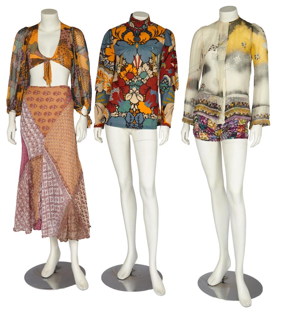 A group of Thea Porter separates, 1970s

A group of Thea Porter separates, 1970s

mainly labelled, comprising: a woollen top with outsized floral print in rust-brown, blue and yellow, with high neck and scallop edged over-sleeves; an abstract-print chiffon blouse in grey and yellow; a mustard chiffon bolero blouse with patchwork print, average bust 86cm 34in; a pair of batik patchwork shorts, waist 66cm 26in; together with a Jean Bouquin patchworked Indian cotton skirt (used as inspiration for a Thea Porter’s skirt), labelled, waist 66cm, 26in (5)

Provenance: the late Lola Yearwood collection

Share this lot: