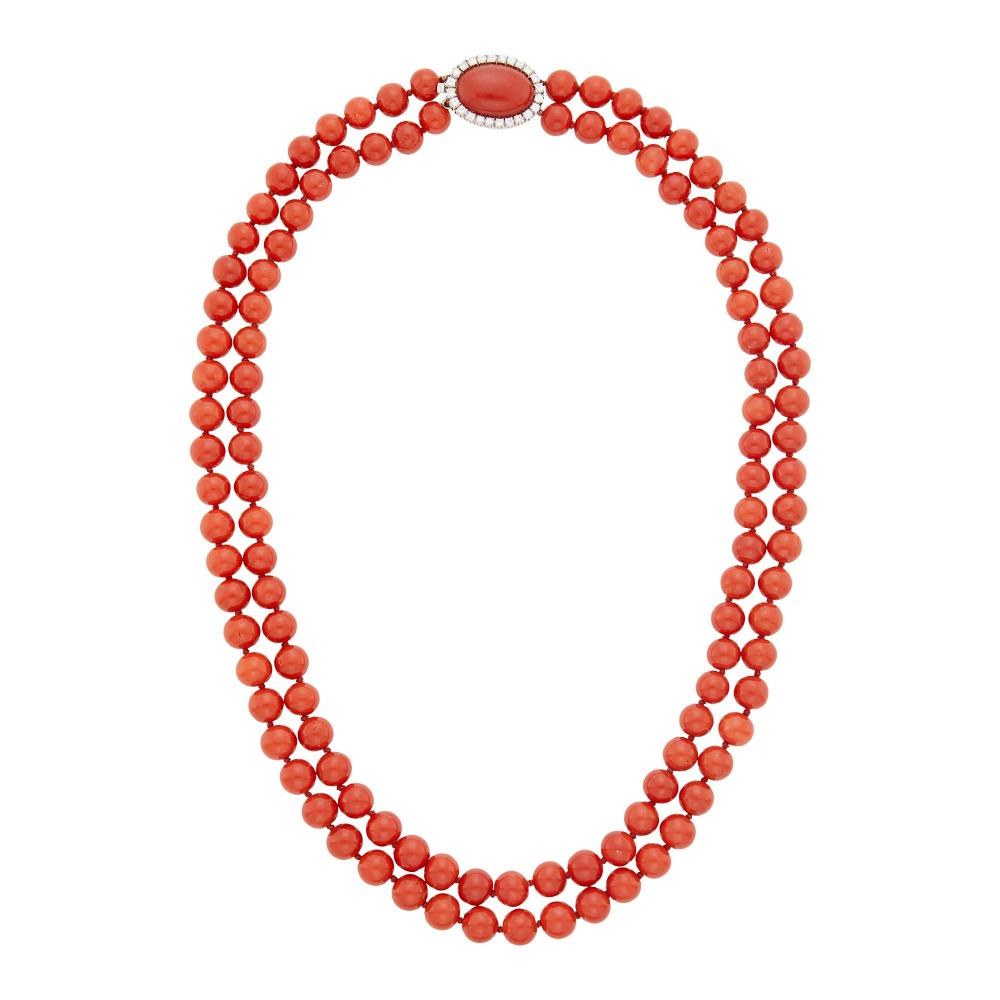 Property from a Prominent Maryland Collection18 kt., oxblood coral beads ap. 8.8 to 8.0 mm., one oval cabochon oxblood coral ap. 18.8 x 12.6 mm., 24 round diamonds ap. .85 ct., with Italian assay mark. Length 19 3/4 inches.

Coral beads: medium deep slightly orangy red, good luster.Clasp: 1 x 3/4 inch.Coral: deep red, several minor scratches, good luster.Diamonds: H-I-VS, several SI.                            
Any condition statement is given as a courtesy to a client, is an opinion and should not be treated as a statement of fact and our Organization shall have no responsibility for any error or omission. Please contact the specialist department to request further information or additional images that may be available.