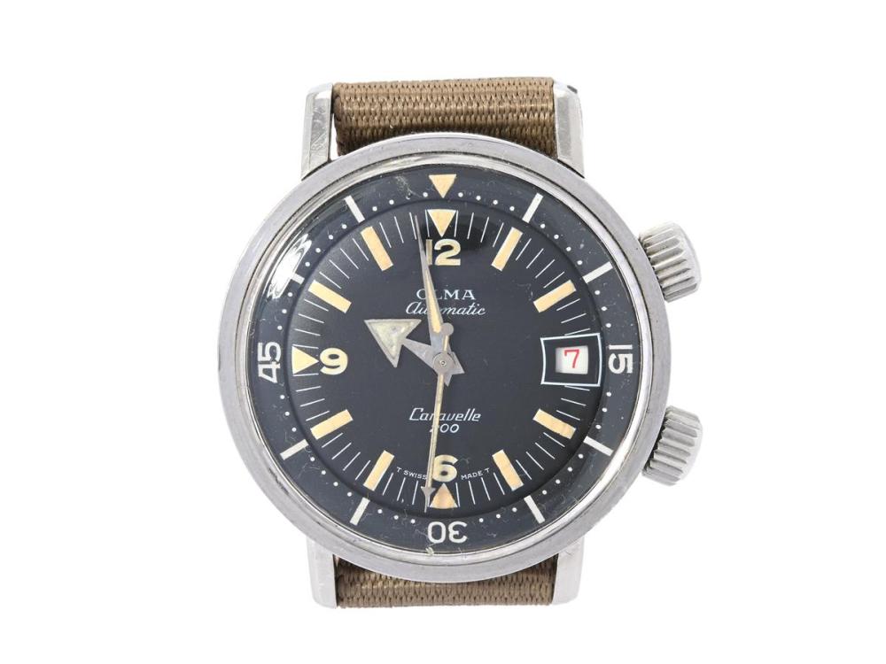 Watches

Olma

OLMA, Caravelle 200 (T Swiss Made T), "Super Compressor", Cal AS 1902/03, Case no. 0748/3 / 768, men´s wristwatch, 36 mm, steel, self winding, plastic crystal, date, restored hour hand, damaged dial, rotatable inner bezel, NATO-strap, approx. 1965.