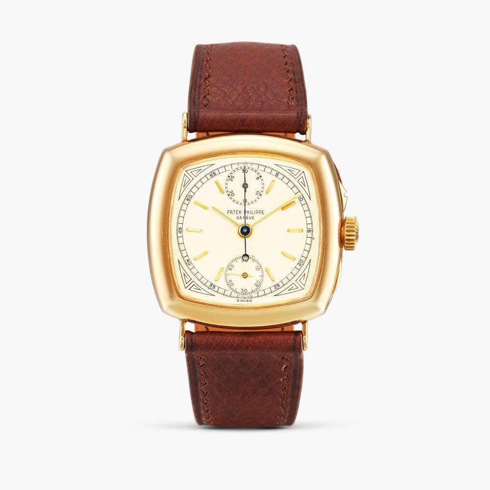 Patek Philippe

PROPERTY OF AN INTERNATIONAL RENOWNED COLLECTOR

Patek Philippe

A historically important, unique, large and very rare yellow gold single button chronograph wristwatch with vertical registers, Retailed by Tiffany & Co., Made in 1924

Dial: silvered

Calibre: cal. 13’’’ mechanical, jewelled

Movement number: 197’919

Case: 18k yellow gold, snap on case back

Case number: 289’861

Closure: brown Attila strap and 18k yellow gold Patek Philippe buckle

Size: 34.5 mm width

Signed: case, dial and movement

Accessories: Patek Philippe Extract from the Archives confirming the production of the present watch in 1924 and its subsequent sale on June 2nd, 1926

Patek Philippe started making chronograph wristwatches in 1924. This historically important watch, consigned by an equally important collector was made in 1924 and is part of an extremely limited quantity made.

The first batch of chronograph watches were single-button chronographs which allow its wearer to operate all stop-watch functions via the crown - enabling the designers to achieve the most elegant and smooth case lines and use the most beautifully decorated Art Deco style dials.

Almost all of the first single button chronographs made had circular officer style cases with wire lugs and only the present watch and one other featured large square cases and vertical registers. These early single button chronograph mechanisms were powered by the 13’’’ Victorin Piguet calibre.

The present watch was last seen on the market in 1997 at Sotheby’s in New York where the watch was featured on the cover of the auction catalogue. The watch sold for a staggering $400k USD which was a huge amount at the time. It was noted in the catalogue description that the watch was accompanied by a letter from the Henri Stern Agency in New York. The letter, dated March 14th, 1975 confirmed that this single button wristwatch was sold to Tiffany & Co for $1,250 on June 2nd 1926. The present example is also prominently featured in Patek Philippe Complicated Wristwatches by Giampiero Negretti and Paolo De Vecchi, pages 24 and 25.

Sotheby’s is delighted to present this historically important single button chronograph wristwatch which represents a significant milestone for Patek Philippe and their development of complicated wristwatches.

百達翡麗

別具歷史價值、獨一無二、大尺寸及非常罕有黃金單按鈕計時腕錶，備垂直小錶盤，由Tiffany & Co. 發行，1924年製

附帶後補資料庫精粹

百達翡麗於1924年開始生產計時腕錶。本次拍品作為該歷史性年份打造的極少數時計之一，不僅見證品牌複雜功能腕錶的發展歷程，更出自重要藏家珍藏，具有非凡的收藏價值。

此批早期時計均採用單按鈕計時，透過於錶冠的單一按鈕操控所有計時功能。這種設計使錶殼得以保持優雅流暢的線條，錶盤更飾以濃郁的裝飾藝術風格。

首批單按鈕計時腕錶多採用圓形軍官式錶殼，配線形錶耳。唯本拍品與另一枚已知時計，例外地採用大型方形錶殼與垂直小錶盤布局，內載 13’’’ Victorin Piguet 機芯，彰顯時代製錶工藝精髓。

本拍品上一次亮相為1997年紐約蘇富比拍賣，當時以驚人的40萬美元成交價創下紀錄，並作為圖錄封面作品引發高度關注。在當年的圖錄上有備注到，拍品附帶一封1975年3月14日出自紐約 Henri Stern Agency 的信件，確認此錶曾於1926年6月2日以1,250美元售予Tiffany & Co 。本拍品亦曾刊載於《百達翡麗複雜功能腕錶》專著第24至25頁，學術價值獲得權威認證。

蘇富比榮幸呈獻這枚極具歷史意義的單按鈕計時腕錶，它不僅代表了百達翡麗在複雜功能腕錶領域的重要里程碑，更是收藏級時計中不可多得的珍品。此拍品的出現，將為高級製錶收藏譜寫新的篇章。

Please note that the movement has not been tested for the accuracy of time and may need a service at the buyer’s expense.

Sotheby’s does not guarantee the future working of the movement and we do not guarantee the authenticity of any individual component parts since subsequent repairs and restoration work may have resulted in the replacement of original parts. You are advised that watch straps or bands made of materials derived from endangered or otherwise protected species (i.e. alligator or crocodile) are not sold with the watch and we reserve the right to remove these straps or bands prior to shipping. Furthermore, the watch may not come with its original manufacturers strap or band.

Prospective bidders should review the Conditions of Business, Authenticity Guarantee, the Guide for Prospective Buyers, and any Important Notice in the sale catalogue.

"In response to your inquiry, we are pleased to provide you with a general report of the condition of the property described above. All dimensions in catalogue descriptions are approximate. Condition reports may not specify mechanical replacements or imperfections to the movement, case, dial, pendulum, separate base(s) or dome. Watches in water-resistant cases have been opened to examine movements but no warranties are made that the watches are currently water-resistant. Please note that we do not guarantee the authenticity of any individual component parts, such as wheels, hands, crowns, crystals, screws, bracelets and leather bands, since subsequent repairs and restoration work may have resulted in the replacement of original parts. Since we are not professional conservators or restorers, we urge you to consult with a restorer or conservator of your choice who will be better able to provide a detailed, professional report. Prospective buyers should inspect each lot to satisfy themselves as to condition and must understand that any statement made by Sotheby’s is merely a subjective, qualified opinion. Prospective buyers should also refer to any Important Notices regarding this sale, which are printed in the Sale Catalogue. In particular, please note it is the purchaser’s responsibility to comply with any applicable import and export matters, particularly in relation to lots incorporating materials from endangered species.NOTWITHSTANDING THIS REPORT OR ANY DISCUSSIONS CONCERNING A LOT, ALL LOTS ARE OFFERED AND SOLD AS IS" IN ACCORDANCE WITH THE CONDITIONS OF BUSINESS PRINTED IN THE SALE CATALOGUE."

**Please be advised that bands made of materials derived from endangered or otherwise protected species (i.e. alligator and crocodile) are not sold with the watches and are for display purposes only. We reserve the right to remove these bands prior to shipping."