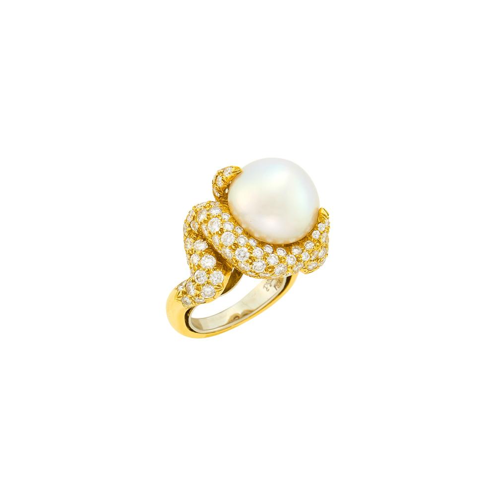 Property from the Collection of Augusta Patton18 kt., one domed button pearl ap. 15.0 mm., 132 round diamonds ap. 4.95 cts., shank and inner guard signed Dunay, ap. 13 dwts. gross. Size 6 1/2, with inner guard.

Pearl: white with strong rose and green orient, cleanish, minor scratches, thick nacre, very good luster.Diamonds: G-H-I-VS.Width 3/4 inch.                            
Any condition statement is given as a courtesy to a client, is an opinion and should not be treated as a statement of fact and our Organization shall have no responsibility for any error or omission. Please contact the specialist department to request further information or additional images that may be available.