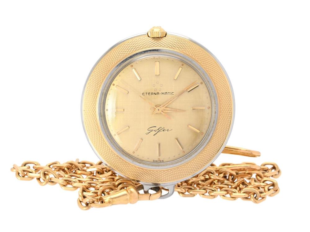Watches

Eterna

ETERNA-MATIC, Golfer, dress watch, 40 mm, Serial no. 4501131, bicolour, self winding, plastic crystal, display caseback, approx. 1970, chain in yellow metal.