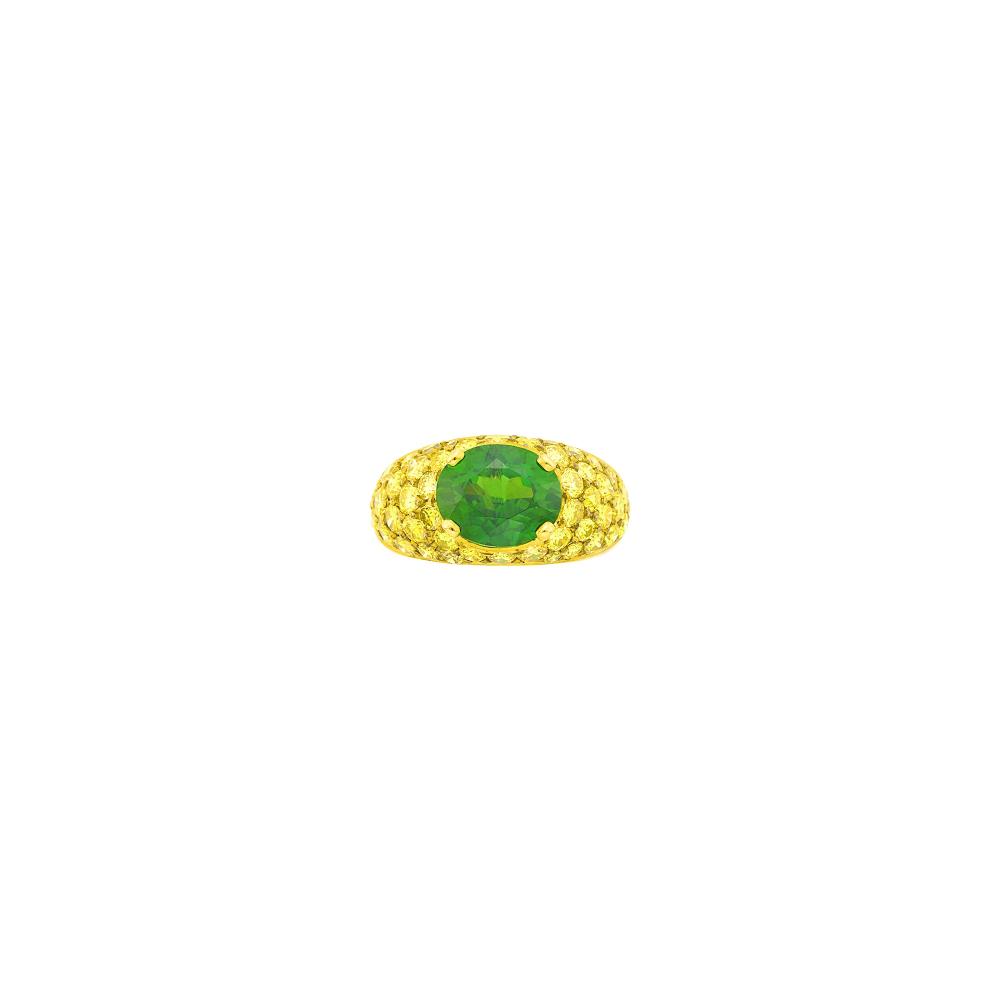 Property of a Prominent Collector18 kt., one oval demantoid garnet weighing 2.93 cts., 45 round and three single-cut fancy colored yellow diamonds ap. 1.90 cts., ap. 3.7 dwts. Size 4 1/4.
With AGL report no. 1154126 stating Russian (Ural Mountains) origin, with no gemological evidence of heat enhancement.
With GIA report no. 2235872241, one diamond tested, stating Fancy Vivid Yellow, natural color.

Demantoid garnet: bright deep lime green, good color concentration, colorless feather across stone, minor surface-breaking inclusion at girdle edge, good transparency, lively.Colored diamonds: one tested, Fancy Vivid Yellow, VS, brilliant, single-cuts possibly replaced.Width 3/8 inch.                            
Any condition statement is given as a courtesy to a client, is an opinion and should not be treated as a statement of fact and our Organization shall have no responsibility for any error or omission. Please contact the specialist department to request further information or additional images that may be available.