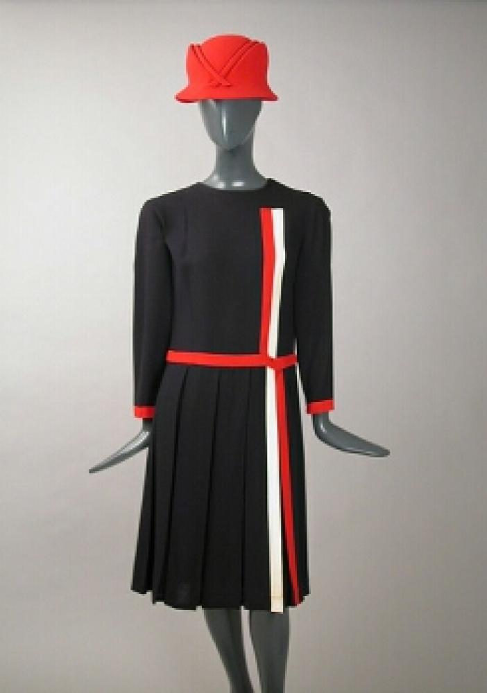 Balmain Red, White and Blue Crepe Chemise Dress and Hat

Lot 530
Balmain Red, White and Blue Crepe Chemise Dress and Hat
 French, mid 1960s 
 With pleated skirt, red and white stripes at left, buttons at back, and cloche style hat, size 8, labeled: Pierre Balmain/Paris and tape label no.: 75 P (?) 4.
Very good condition, slight yellowing to white.
 With original sketch of the hat and dress ensemble.