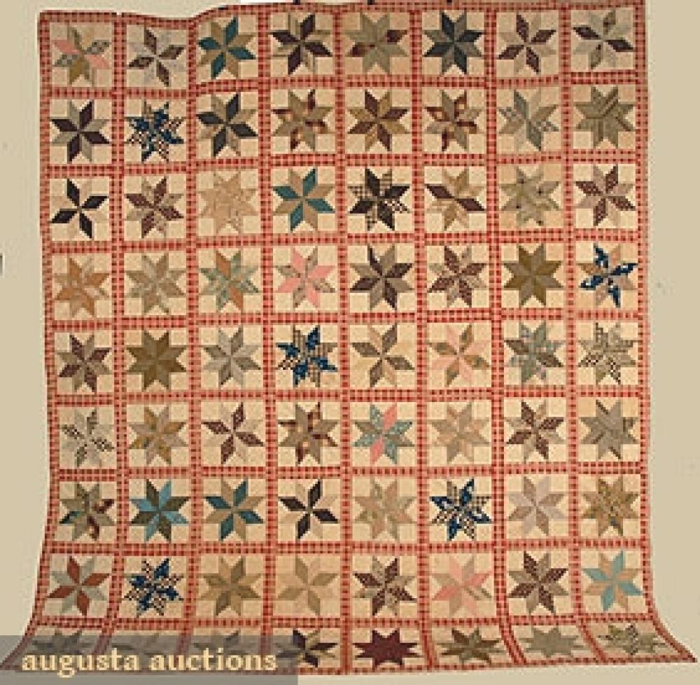 PIECED STAR QUILT, LATE 19th-EARLY 20th C

Large size, calico cottons in eight pointed star pattern, blocks bordered w/ red & cream plaid cotton, mostly 19th C fabrics, 101" X 88", good.		
Bid Online
Price Realized: $230.00Category:TextilesEra:1890-1920
11.6957.791.33