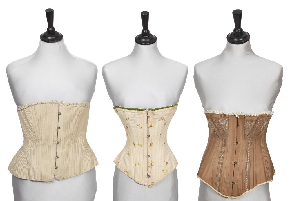 Four corsets, 1860s-1880s

Four corsets, 1860s-1880s

first of off-white cotton, embroidered with pink and yellow flowers, trimmed with green binding, waist 51cm 20in; the second of brown coated cotton, 1880s, with laces to back, steel busk to front, baby blue chainstitch embroidery and lace trim, waist approx 66cm 26in; the third of dove grey cotton, 1870s, corded with flexible boning, back lacing, metal spoon busk to front, corded bust gores, waist approx 51cm 20in; the fourth of off-white cotton, early 1870s, fully corded with wide curved hip gores, waist approx 66cm 26in; together with an associated Cooley’s Patent Globe Manufacturing Company corset box lid (5)

Share this lot:
