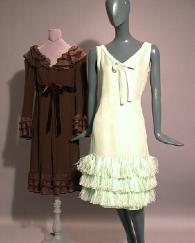Two Balmain Chiffon Cocktail Dresses

Lot 543
Two Balmain Chiffon Cocktail Dresses
 French, 1969 
 The first brown crepe, with ruffles at neckline, cuffs and hem, double layered skirt, velvet ribbon at raised waist, size 6, the second a seafoam green chiffon chemise with ostrich feather tiers at hem, size 8, each labeled: Pierre Balmain/Paris, tape label nos: 156182 and 146570.
The first excellent condition, the second very good, slight discoloration at armscyes.
 With copy of bill of sale for second.