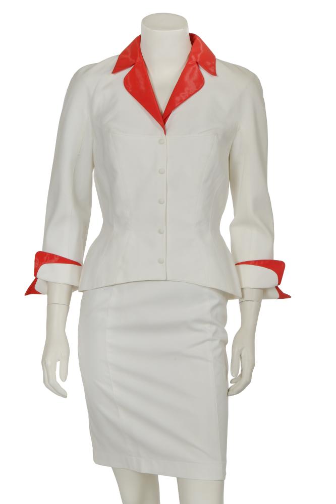 A Thierry Mugler textured white cotton suit, circa 1990

A Thierry Mugler textured white cotton suit, circa 1990

labelled, size 38, with watermelon-red acrylic facings, the fitted jacket with popper fastenings, curved hem, bust approx 86cm 34in; with a matching skirt, waist 64cm 25in (2)

Share this lot: