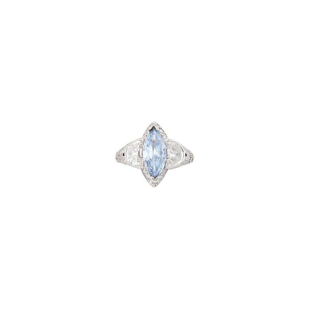 Property from a North Carolina Private CollectorOne marquise-shaped Fancy Intense Blue diamond weighing 1.42 cts., 2 half-moon shaped diamonds ap. 1.10 cts., small old European and single-cut diamonds, circa 1920. Size 5 1/4, with expandable shank.
 
With GIA report no. 2231896718 stating Fancy Intense Blue, natural color, VS2 clarity.

Center diamond: Fancy Intense Blue, VS2, no fluorescence.Side diamonds: H-I-VS, minor facet edge abrasions, several small nicks on table edges.Width 5/8 inch.                            
Any condition statement is given as a courtesy to a client, is an opinion and should not be treated as a statement of fact and our Organization shall have no responsibility for any error or omission. Please contact the specialist department to request further information or additional images that may be available.