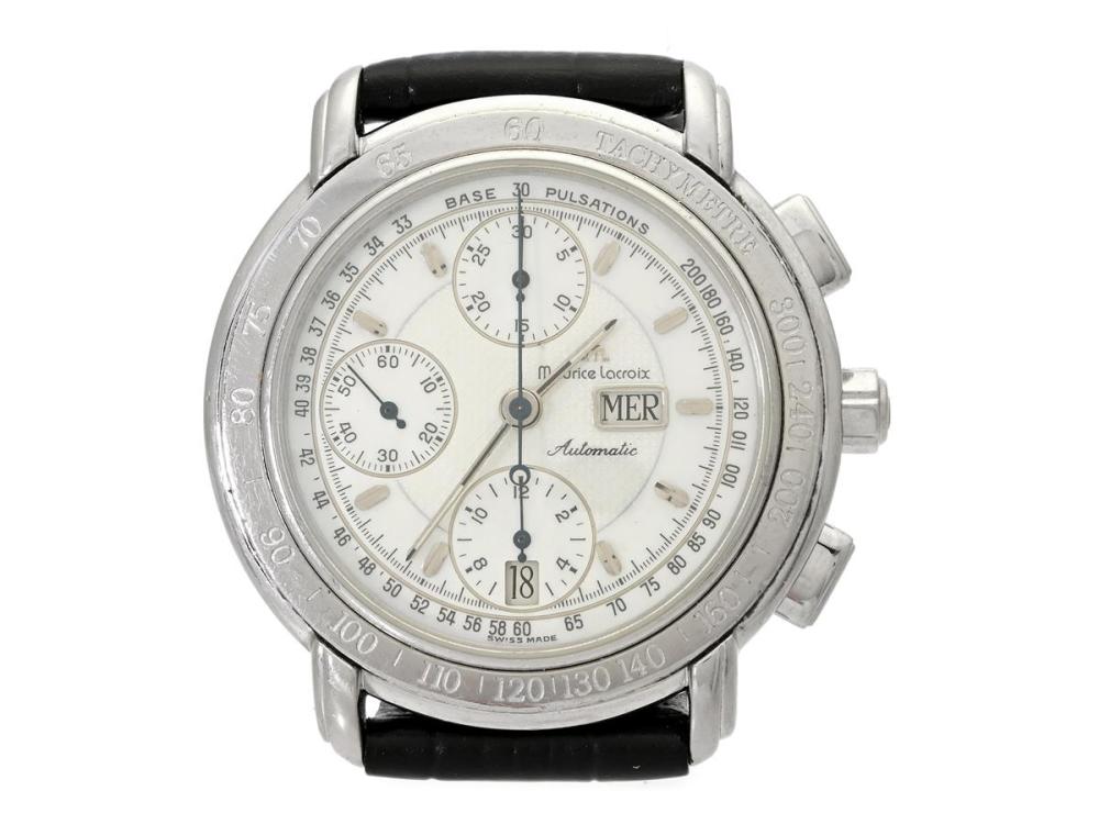 Watches

Maurice Lacroix

MAURICE LACROIX, chronograph, "Tachymetre", Cal ML 67 (ETA 7750), Case no. 67587/429, men´s wristwatch, 40 mm, steel, self winding, sapphire crystal, day (Italian), date, mother-of-pearl-dial, damaged dial/hands, display caseback, leather strap, approx. 1995, box (not complete).