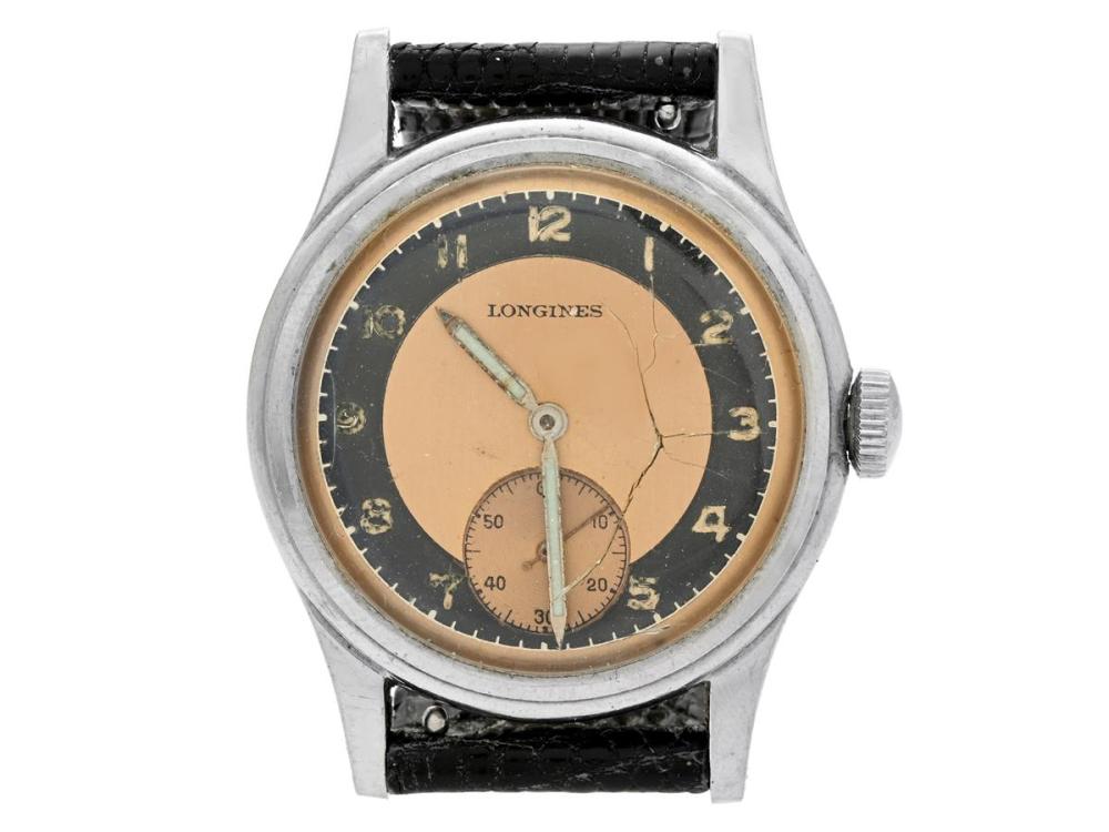 Watches

Longines

LONGINES, men´s wristwatch, 33 mm, Cal 27 M, Serial no. 7110285, Case no. 23244 / 139, steel, manual winding, plastic crystal, plastic crystal (damaged), small seconds hand, relumed hands, damaged dial, defect (not working, needs overhaul), approx. 1947.